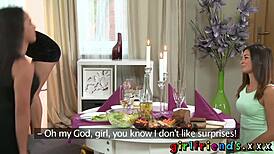 Girlfriends give thanks with oral and strap-on sex