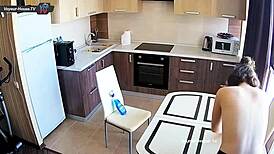 Big Tits Beauty with Pierced Nipples Cleaning Kitchen Topless