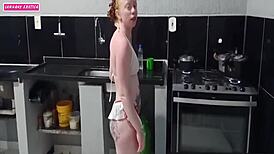 I received my friend in lingerie, he grabbed me, we fucked in the kitchen.