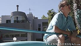 Sensual shemale natalie mars seduces big dick pool guy with toes sucking anal monster cock