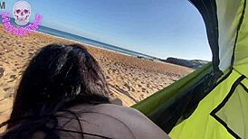 big tits creampie on the beach with cute follower