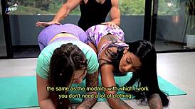 Horny lesbians hire gym instructor, end up banging in dirty trio with Sara Blonde