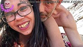 big tits creampie on the beach with cute follower