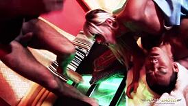 How does this sexy blonde slut handle two hard dicks pounding her in stockings at the same time?