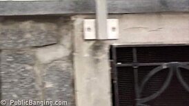 Busty teen gets public sex gangbang by two guys on the street with big tits and pussy banging