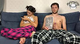 Step-sister catches step-brother pleasuring himself and they both reach an orgasm at the same time.