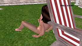 Cute Girl in 3D Cartoon Masturbates with Banana by Pool