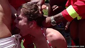 American slut gets it hard with two firemen and bondage