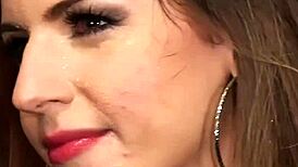 Slutty hottie gets cum shot on her face sucking every drop!