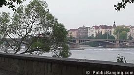 Busty teen gets public sex gangbang by two guys on the street with big tits and pussy banging