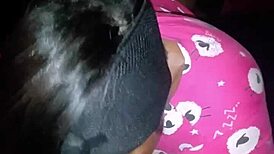 Ebony amateur gives sloppy blowjob to big black cock at bedtime