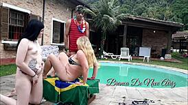 Young Brunette Melissa Feels Intense Pleasure Fucking Couple in Pool at Brazilian Inn