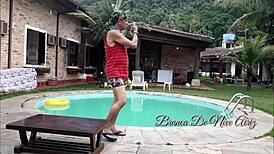 Young Brunette Melissa Feels Intense Pleasure Fucking Couple in Pool at Brazilian Inn