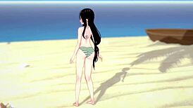 Tsuyu Froppy in hot swimsuit seduces on beach with missionary hentai passion.