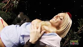 Busty blonde rides cock in cowgirl, doggystyle, and sideways positions, her big tits bouncing