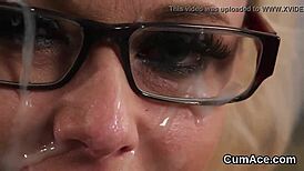 Classy sexy bombshell in blowbang sucks cocks, gets facial bukkake