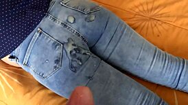 finding stepmother with jeans down for a big cumshot on her beautiful ass