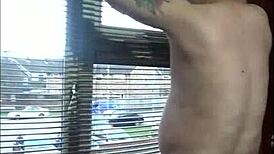 shy gay amateur masturbates naked by the window at home