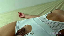 brother cuts leggings to masturbate hairy pussy then sniffs cum-soaked beaver!