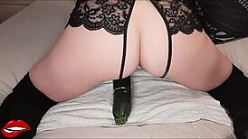 Stepmom Rides Huge Cucumber Toy in Tight Pussy