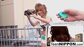 Cute Japanese Girl Feels Vibrator Thrill In Her Shorts During Blowjob.