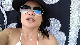 Latina brunette fucks on the beach and swallows cum after doggystyle assfucking