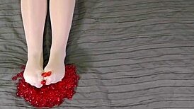nylon foot teasing with red hearts on valentine's day