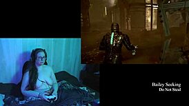 Naked brunette with big natural tits plays Deadspace part 6