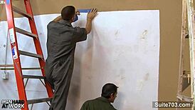 Tattooed gay workers in a hardcore scene with big cocks.