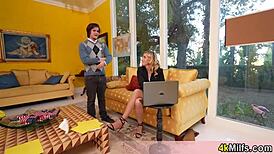 Blonde milf sucks cock in stockings