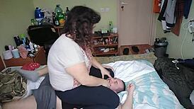 wife dominates with barefoot feet, humiliating in wrestling