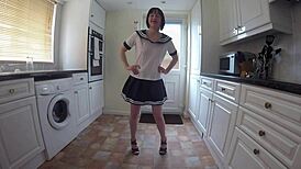 british milf wife in uniform dancing striptease, clothes ripped 😏