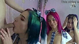 Jazmin kneels with friends, getting her throat slammed in a wild group.