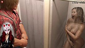 Project Myriam 3 with Russian MILF in shower. Big tits blonde bathing in wild cartoon game.