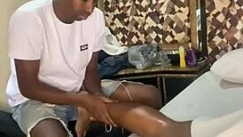 In a Rio swing house, a voyeur watches a lesbian prostitute massage a couple with big black cock anal