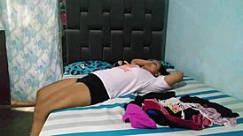 I catch my horny latina stepmother sniffing my underwear and fondling her tits, then assist by guiding her to lick my shaved pussy