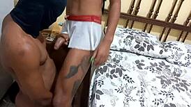 Beautiful transsexual gets a big cock delivery and enjoys it with her oiled up body.