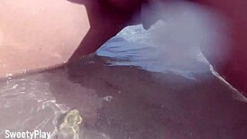 Shaved Pussy Peeing on Public Beach in Wild Outdoor Display.