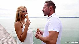 Peneloppe Ferres, the Busty Blonde, Gets Her Big Tits Sucked While Riding Cock in Cowgirl Position