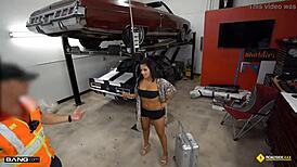 thick latina stripper bends over for mechanic in garage