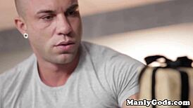 Muscular gay hunks getting it on with intense action