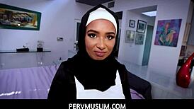 Hot muslim teen in hijab starts work and gets ready for action.