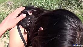 Little Spanish brunette handles monster cock outdoors!