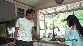 petite asian girl gets banged in the kitchen without panties, choking and gagging on big cock