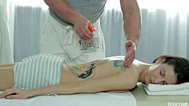 Hot teen Nixie receives intense massage with blowjob and cumshot