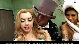 Hot girls sharing one big cock in orgy.