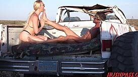 pretty paisley drilled hard in a pickup truck bed.