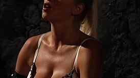 Two Bound Busty Lesbian Slaves Endure Harsh Whipping in Garage