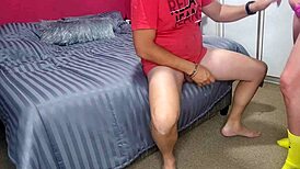 Tall girlfriend in amazon position gets creampie after handjob.