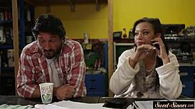 omg, classy ebony teen riding stepdad’s cock like a pro! 😲